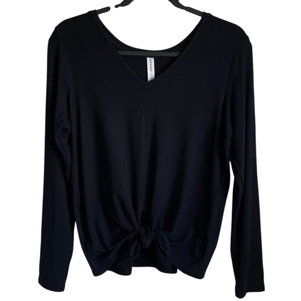 Spanx Better Base Long Sleeve Convertible Tie Top Black Stretch Sz L V-Neck